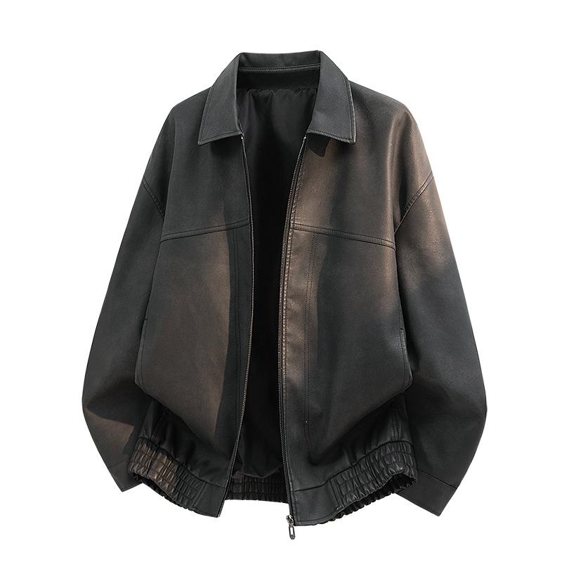 New PU leather jacket for men, American vintage workwear style, tough relaxed style, old money street style, minimalist