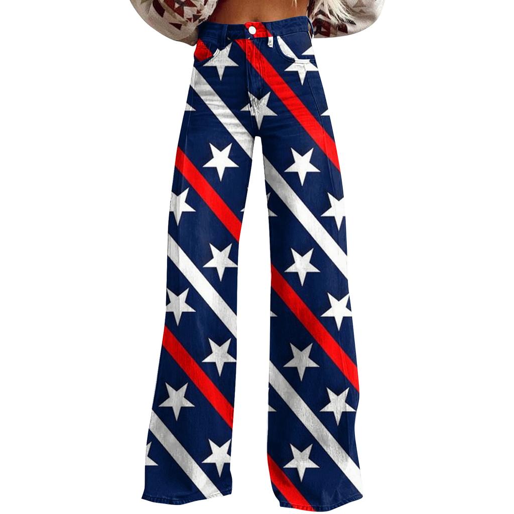 Wide Leg Flare Jeans For Women With Pockets Baggy Pants Vintage Floral Print High Waisted Loose Pant