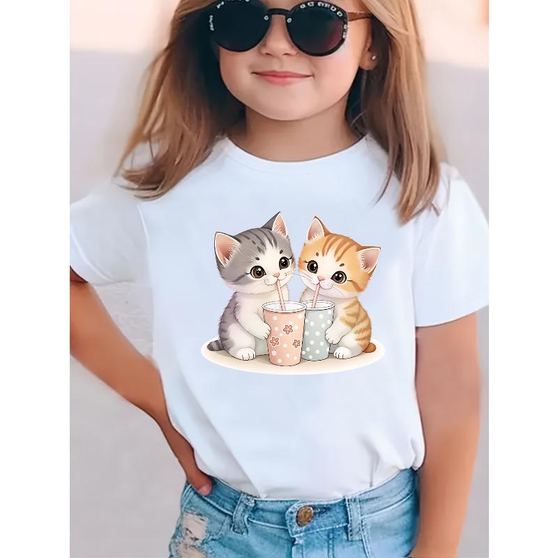 Girl s Cat Print Cute, Comfortable, and Versatile Short-Sleeve T-Shirt 110 белый