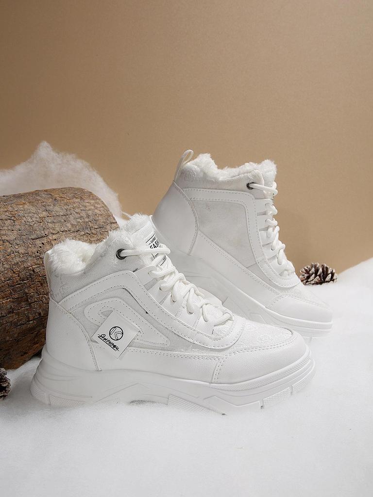 Damskie śniegowce do połowy łydki, podszyte polarem, skórzane, kolekcja Jesień/Zima 2025: Sportowe buty bawełniane z blokami kolorów, na grubej podeszwie, sznurowane