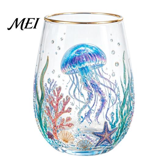 Blei Freies Glas Becher Meeres-Themen Becher, Quallen/Delfine/Meeresschildkröten/Oktopus Handbemalt, Verdicktes Trinkglas Langlebig Hitzebeständig für Büro Wasser