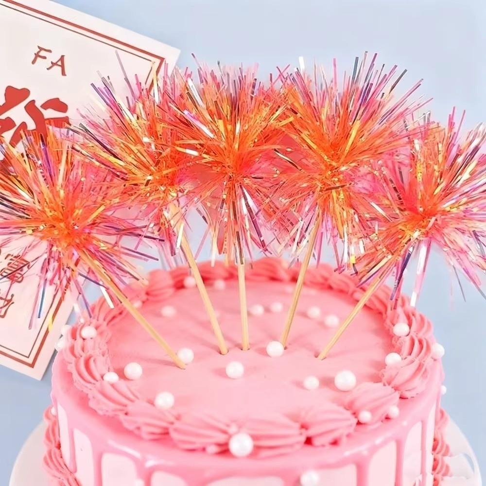 5Pcs Creative Plug-in Birthday Carnival Colorful Rain Silk Cake Plugin Cake Decoration New Year Tassel Baking Plug-in Card