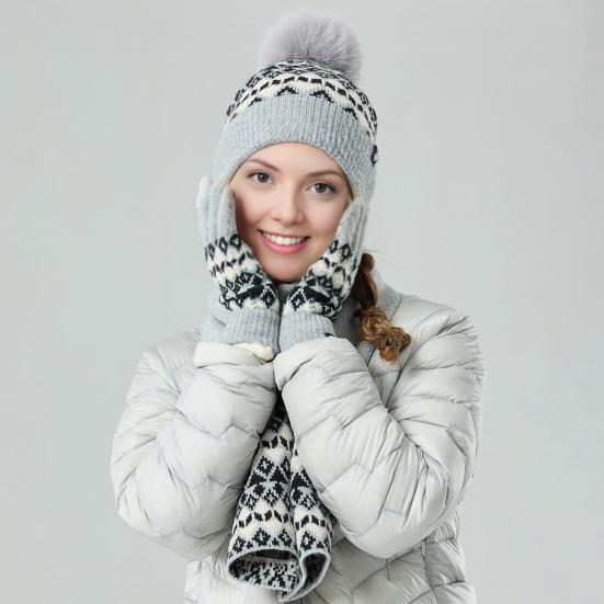 Women Winter Hat Scarf Gloves Set Pom Pom Warm Hat Long Knit Scarf Touchscreen Gloves Set Thick Warm 3 in 1 Set
