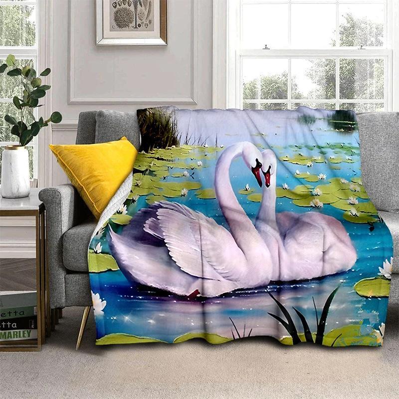 Romantic Swan Themed Blanket Couple Soft Flannel Blanket Holiday Gifts Air Travel Blanket