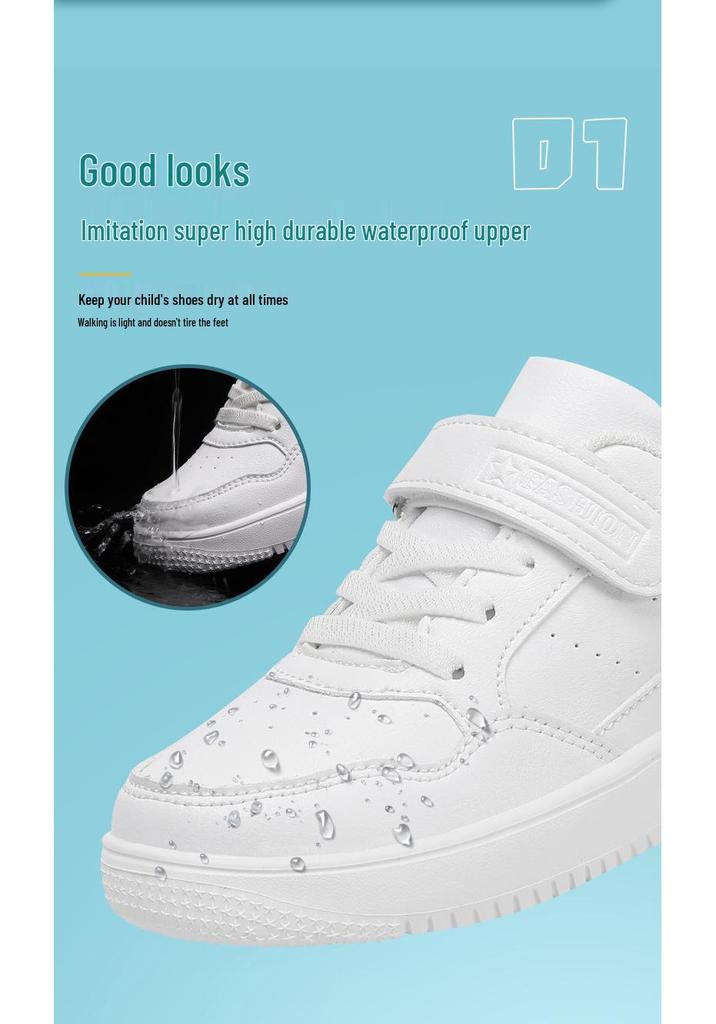 Kids' Waterproof White Leather School Sneakers - Boys' & Girls' Sports Board Shoes