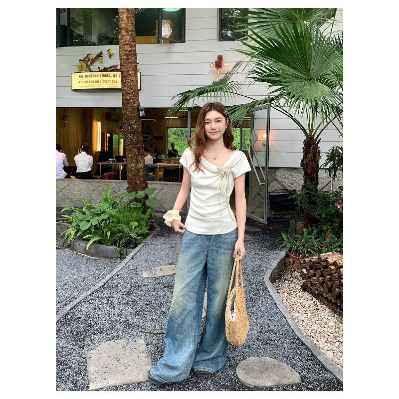 Swing Collar Slanted Shoulder Three-dimensional Bow Short-sleeved T-shirt Women's Summer Irregular Top