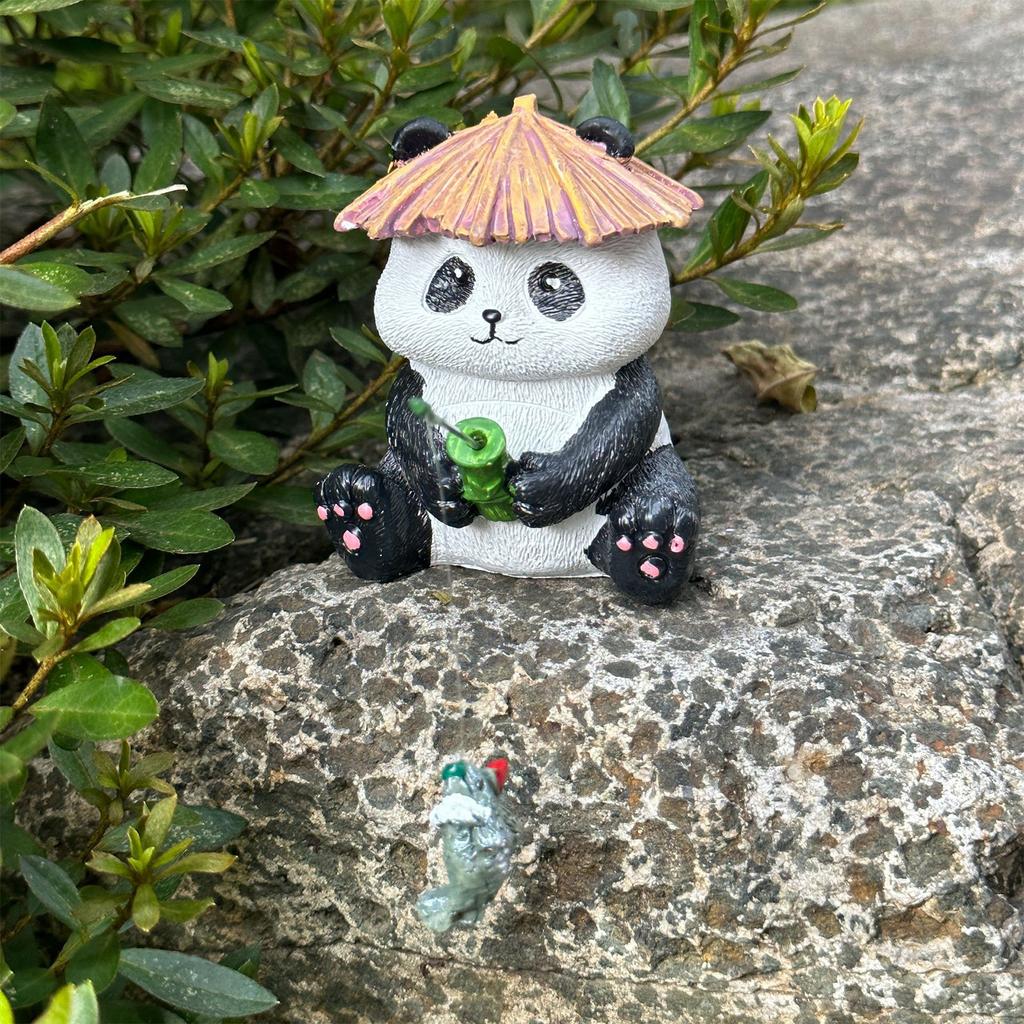 Garden Aquarium Decoration Cute Panda Figurine with Fishing Rod Outdoor Backyard Pond Ornament Resin Sculpture for Fish Tank Edge