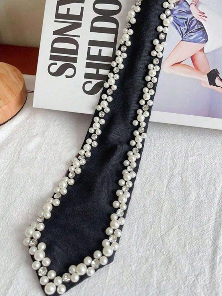 1pc Elegant Women's Pearl Necktie, Handmade Pearl Decorated Tie, Adjustable Silk Pre-Tied Necktie, Suitable For Formal Occasions
