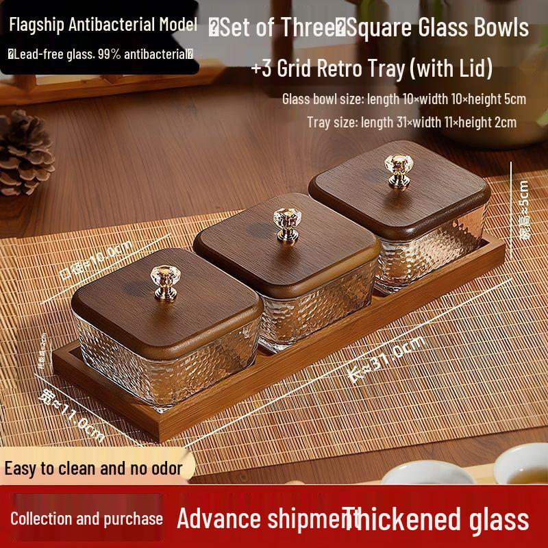 Walnut Luxury Glass Fruit Plate with Lid: Snack, Candy, and Dried Fruit Box for Living Room