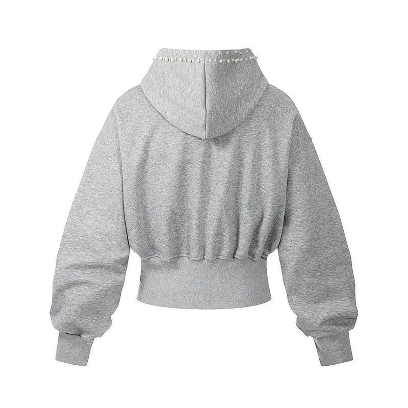 2KWEIRD Pearl Decorate Patchwork Design Hoodies Coat Original  Elastic Waist Solid Color Casual Clothes