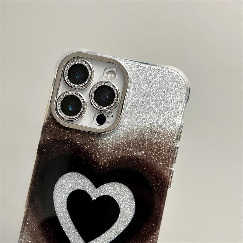 Stilvoller schwarzer Farbverlauf Liebesherz Glitzer mit Kameraglasfolie Handyhülle für iPhone 16 15 14 13 12 11 Pro Max Plus