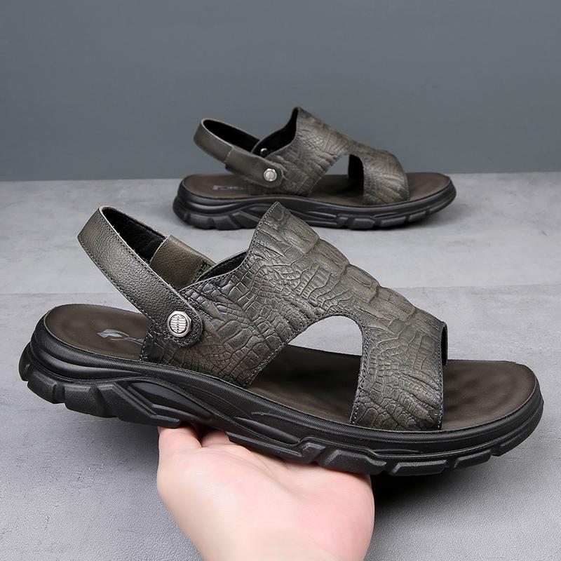 Fashion Crocodile Pattern Mens Sandals Genuine Leather Summer Flats  Outdoor Casual Beach Shoes Fashion Slippers Dual-Purpose Half Drag