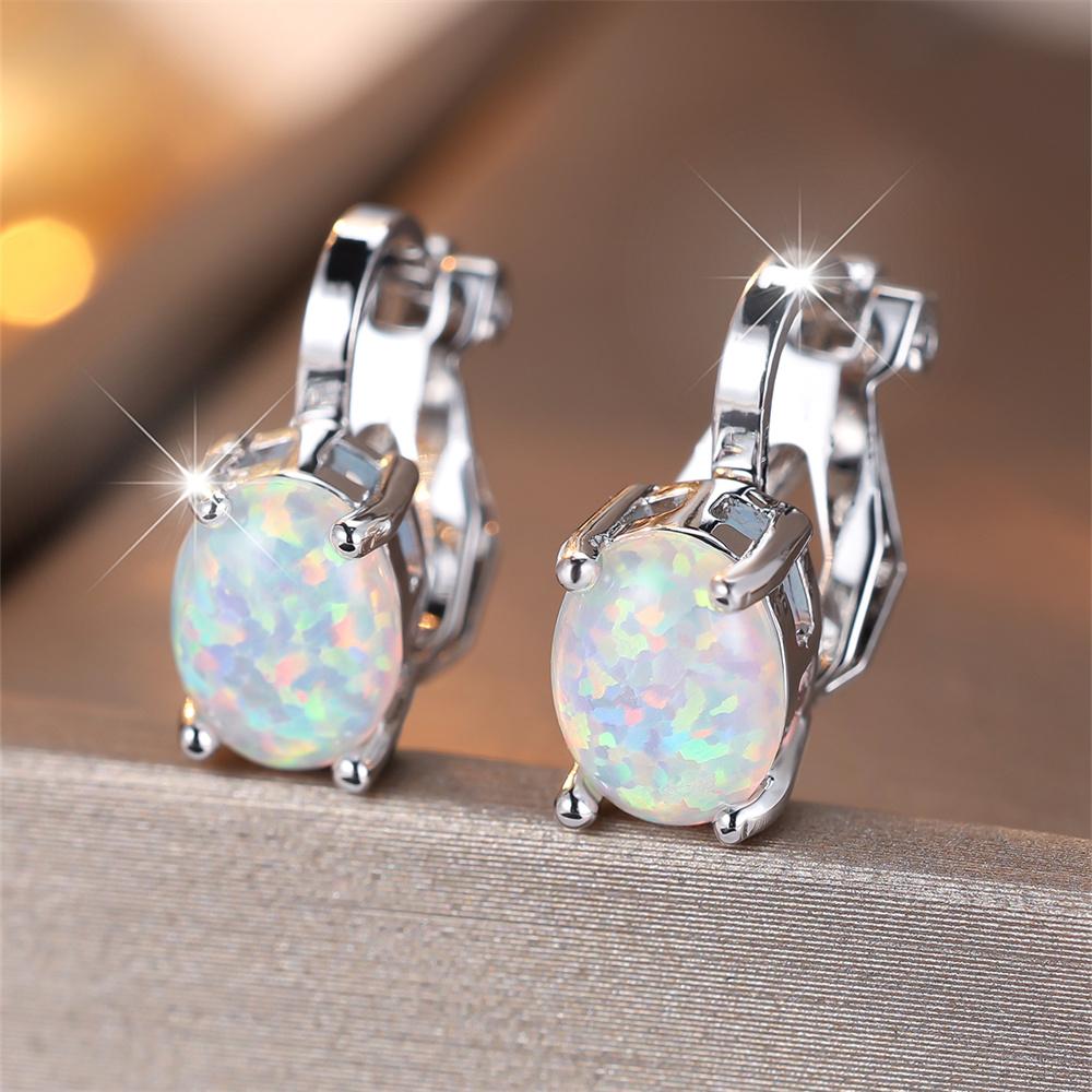 Pendientes de Clip Pequeños Lindos con Piedra Ovalada de Circonita Arcoíris Para Mujeres Pendiente de Compromiso Color Plata Vintage Joyería de Cristal Multicolor