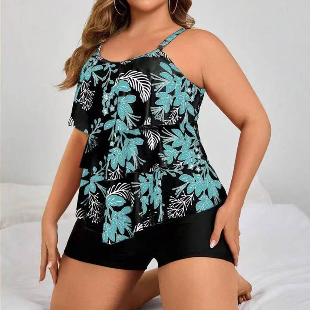 Women’s Plus Size Two Piece Tankini Swimsuit with Leaf Print Ruffled Layered Top and Adjustable Straps Swim Shorts Set