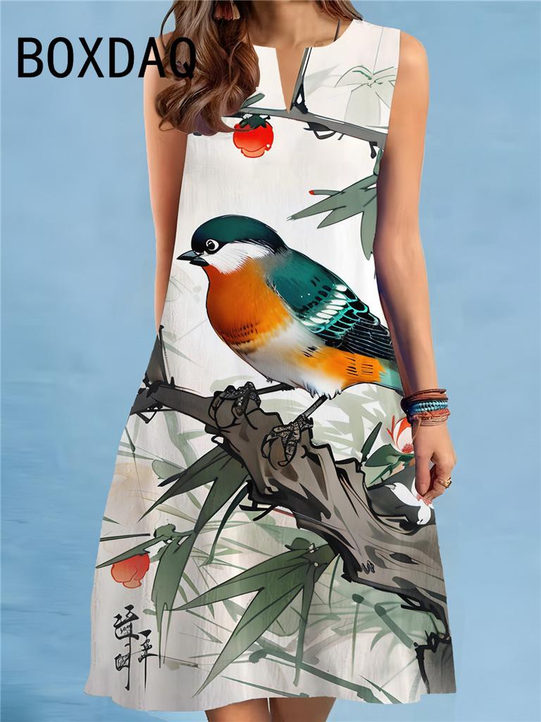 Elegant Flowers And Birds Printed Women's Dress Summer New Sexy Sleeveless V-neck Loose Casual Mini Dress Women Sundress
