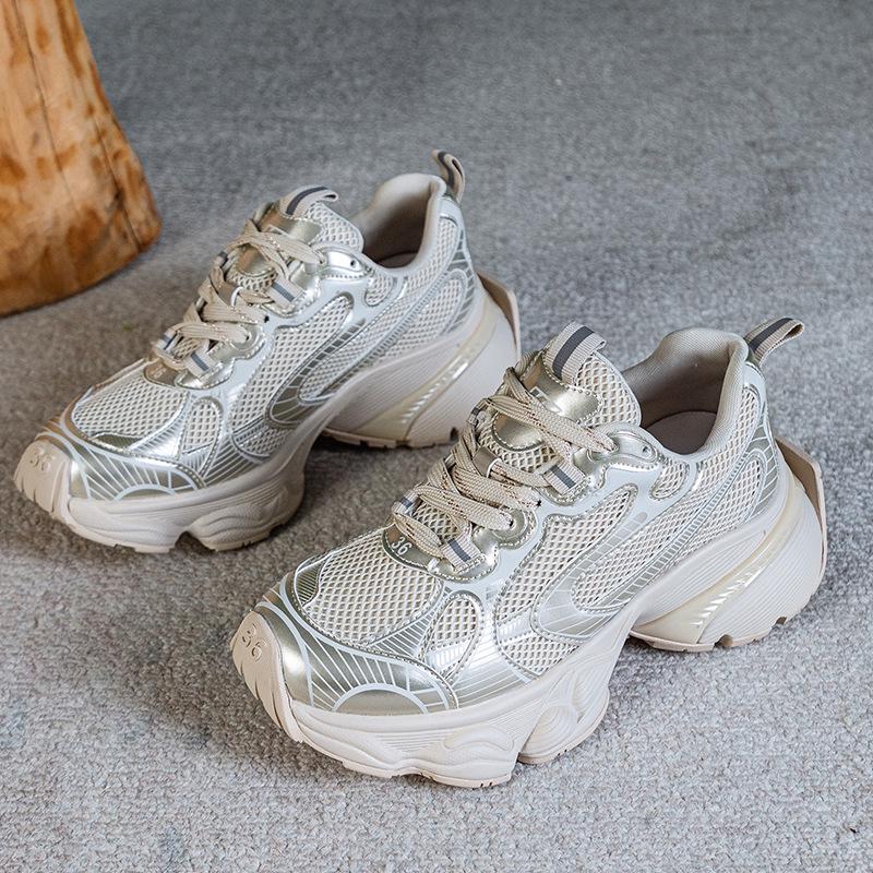 Women's 2024 Spring Fashion Height-Enhancing Breathable Mesh Dad Shoes: Versatile Soft-Soled Thick-Sole Casual Sports Footwear