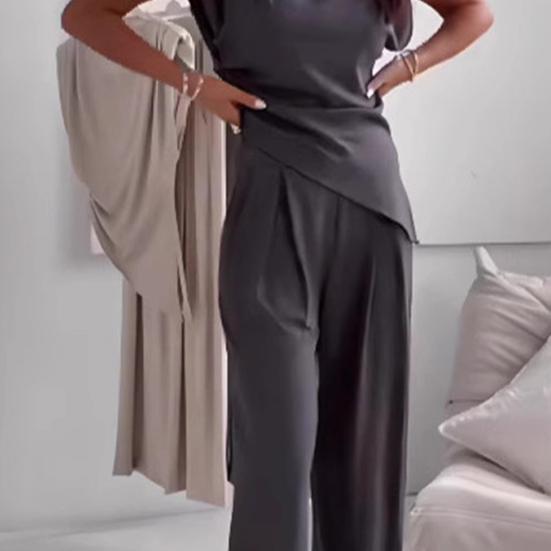 Women Two Piece Outfits Summer Sleeveless Irregular Hem Top And Wide Leg Pants Set Casual Business Office Set