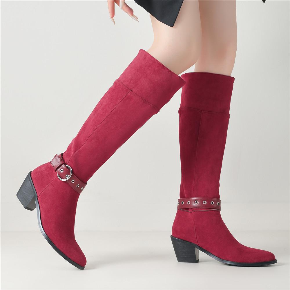 Fashion New Solid Color Comfortable Fashion Knee-high Fashion Ankle Strap Buckle Boots Round Head Square Heels Increase Winter High Boot