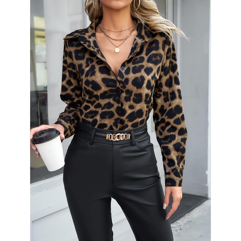 Leopard Print Polo Collar Button Shirt, Casual Long Sleeve Shirt For Spring & Fall, Women's Clothing