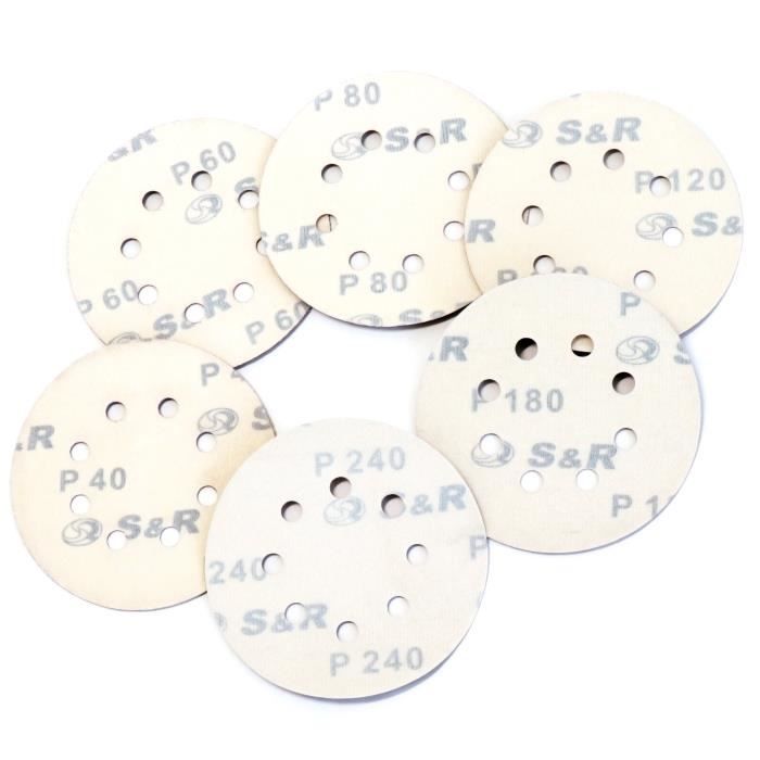 S&R 60 Disques Papier Abrasifs 125 Mm Ponçage: P40/P60/P80/P120/P180/P240, 8 Trous, Pour Poncer Et Polir Avec Ponceuses Excentrique