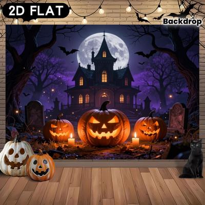 2D Flat Banner 1PC Halloween Party Background Cloth, Featuring Halloween Theme with Pumpkins, Castles, Etc.zyc