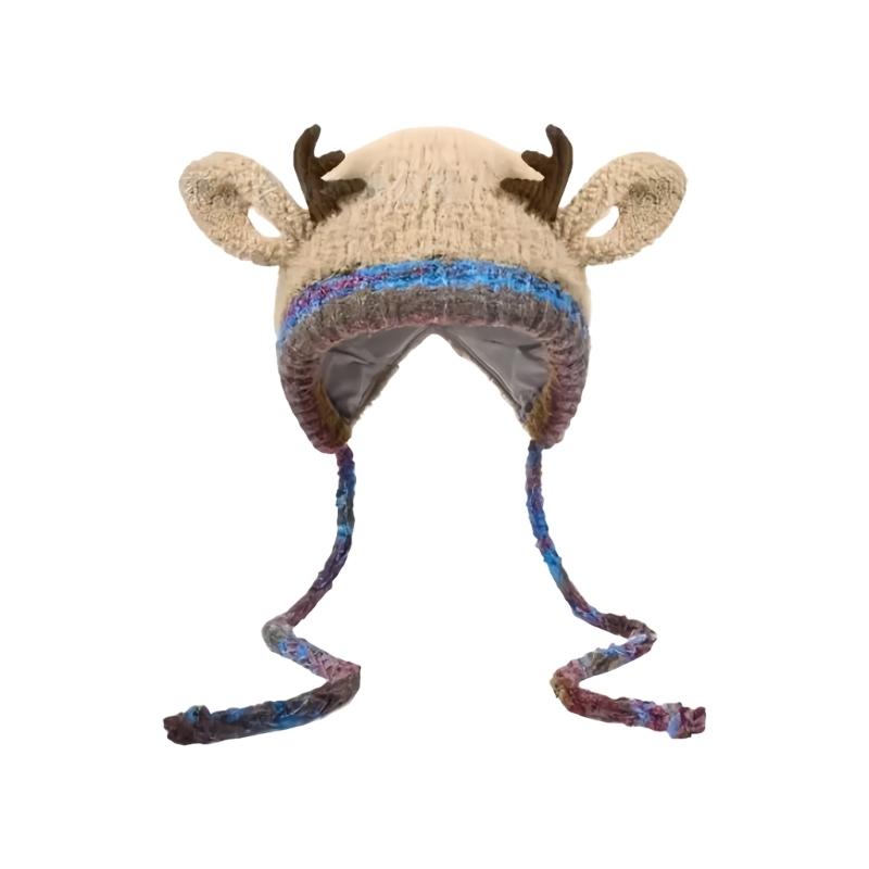 Czapka dziergana z rogami renifera Ciepły zimowy dodatek na przyjęcia świąteczne spotkania rodzinne