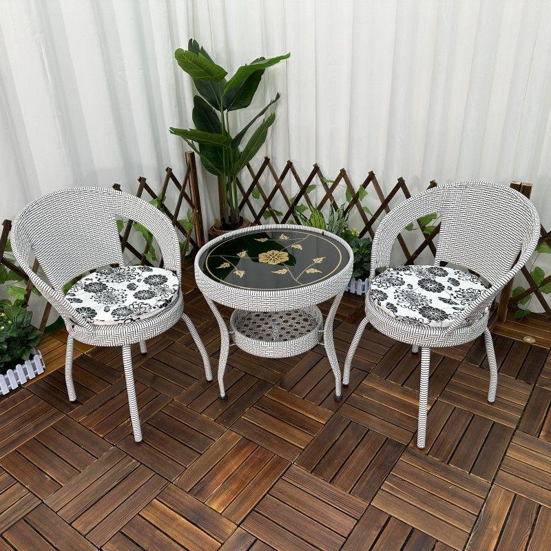Three-Piece Chinese Style Rattan Table and Chair Set - Indoor Balcony Swivel Chair, Durable Round Five-Piece Swivel Design