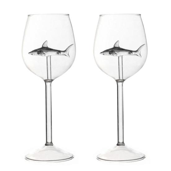 Zestaw Kieliszków do Wina Rekin Ręcznie Dmuchane Bezołowiowe Szkło Kielich z Rekinem 3D Wewnątrz 300ml Kreatywny Motyw Rekina Akcesoria Barowe Prezent dla Mężczyzn Kobiet Miłośników Rekinów