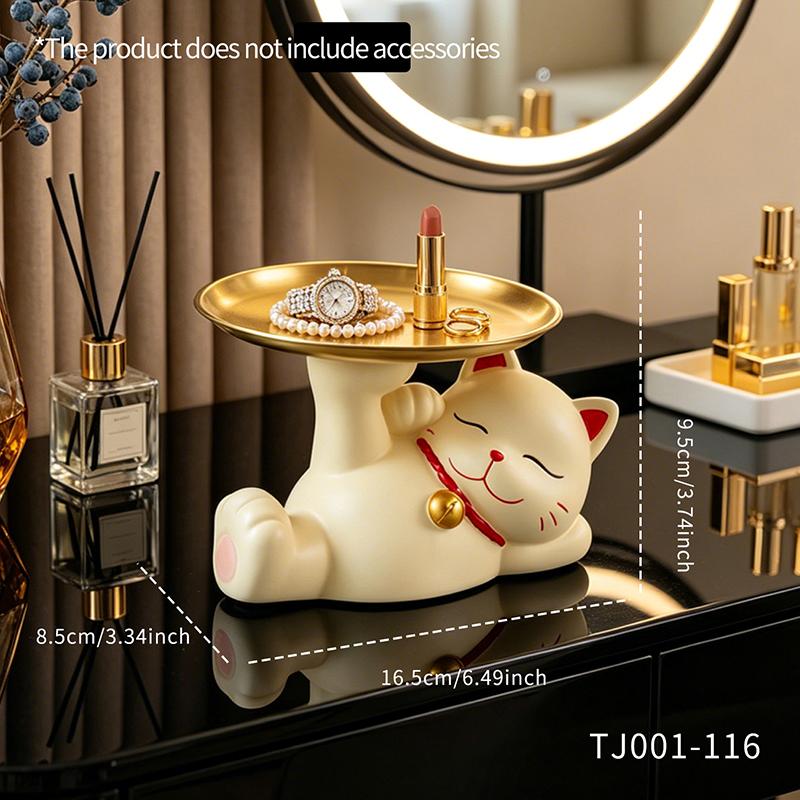 Cute Lying Lucky Cat Resin Figurine with Metal Tray Animal Sculpture for Jewelry Storage Living Room Vanity Table Home Decor