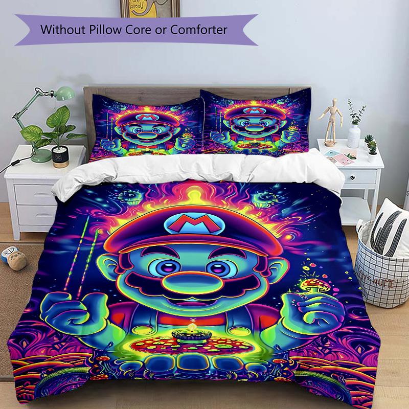 3pcs bedding set Psychedelic Mario Includes 1 Comforter + 2 Pillowcases, Without Pillow Inserts, Soft Comfortable, Lightweight Breathable, P