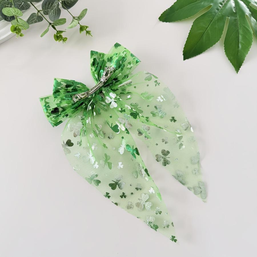 2 Stück Elegante Süße Kleeblatt-Druck Netzschleife Federklemme Haarspangen | Stoff-Fliege-Design, Ideal für Fotografie, St. Patrick's Day