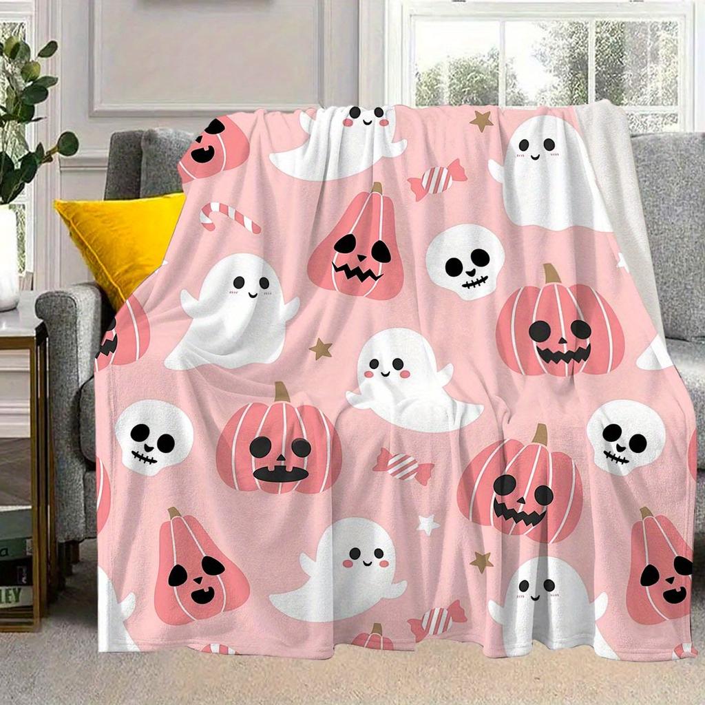 Cozy Pink Pumpkin Skull Print Flannel Throw Blanket - Soft, Durable & Versatile for Travel, Sofa, Bed, Office Decor
