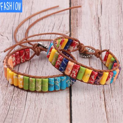 6mm Imperial Crystal Cylindrical Bead Leather Rope Bracelet Bohemian Rainbow Stone Bead Bracelets for Women