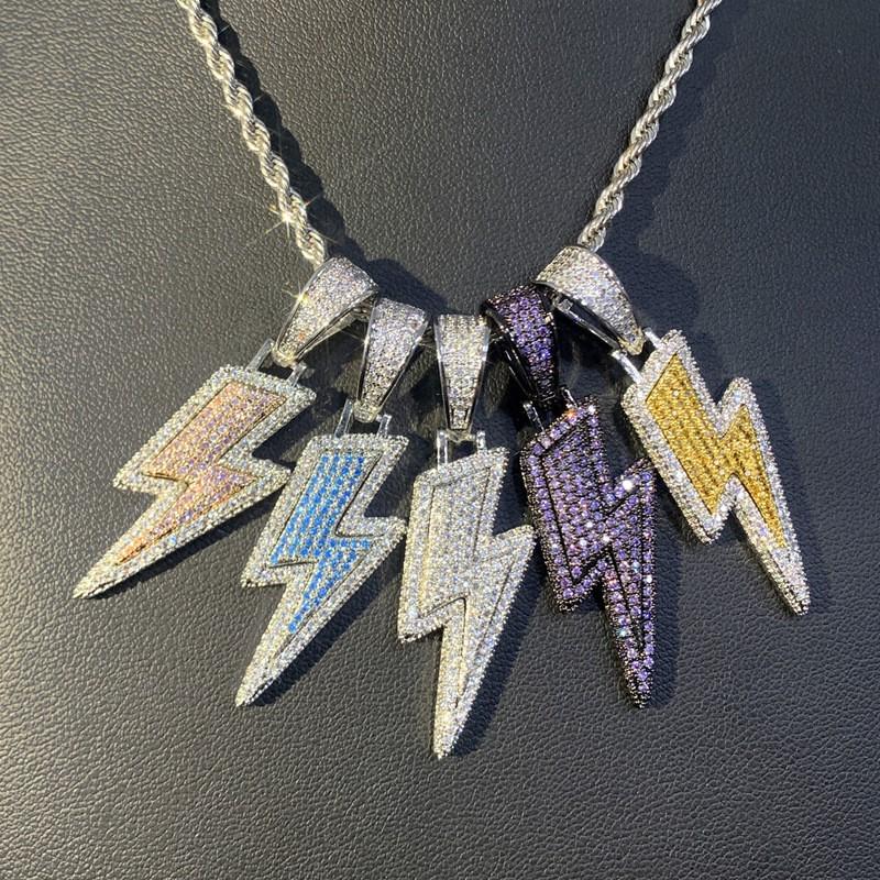 Hip Hop Lightning Pendant Necklace With Zirconia Accents Copper Chain Dual Tone Gold Platinum 60cm Geometric Jewelry