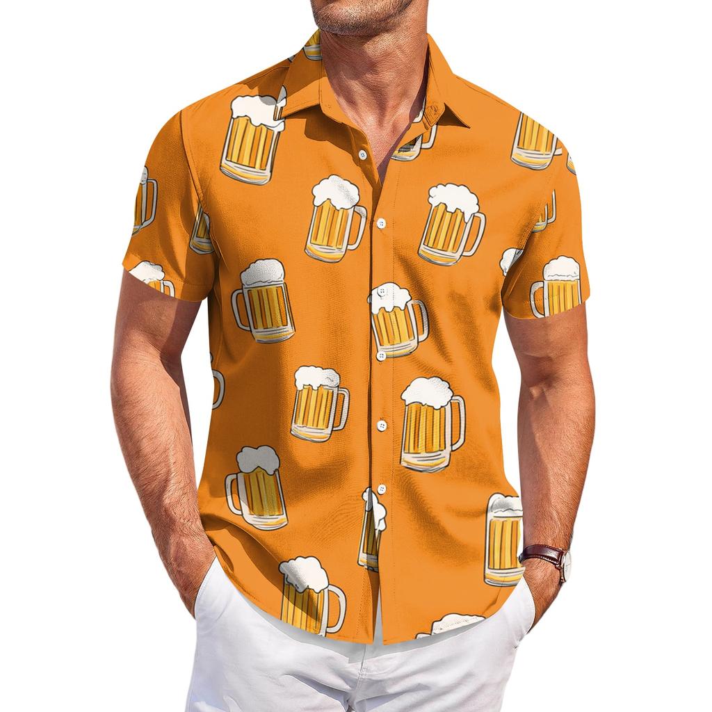 Men's Casual Short Sleeve Button Down Shirt with Mug Print Relaxed Fit Lightweight Top for Everyday Wear Festival