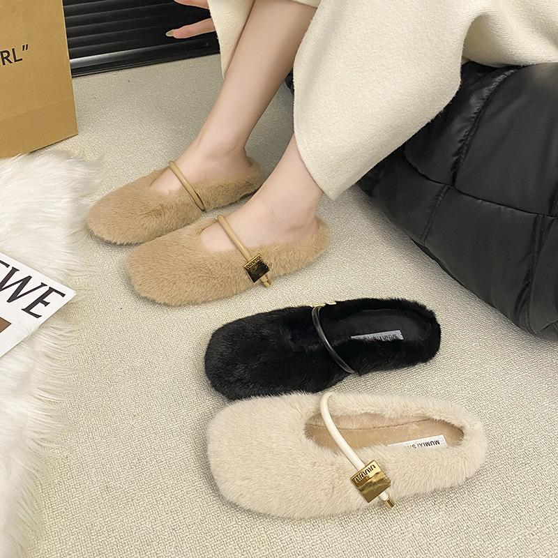 Fairy wind flat-bottomed Mary Jane fluffy shoes women's shoes wear 2025 new autumn and winter warm plush slippers