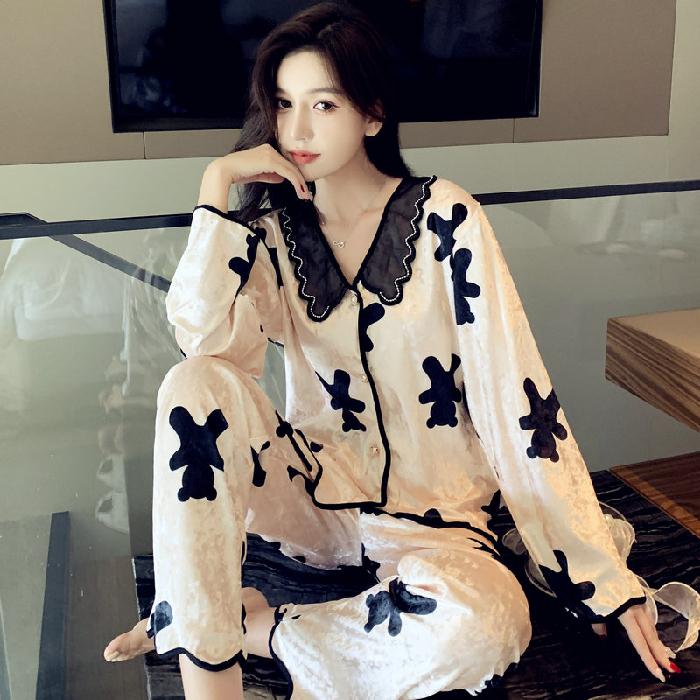 

Корейская кружевная флисовая женская пижама с рисунком медведя из мультфильма, французская элегантная модная ленивая женская пижама, новая осенне-зимняя пижама для отдыха XXL бежевый