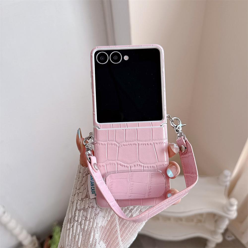 Pastel Crocodile Embossed PU Leather Mirror Bracket Phone Case for SamSung Galaxy Z Flip 8 7 6 5 Hand Wrist Strap Protect Cover