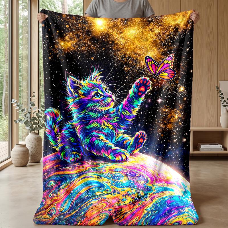 Neon Cat and Butterfly Theme blanket Lightweight Warm Flannel Blanket Decorative Throw Blanket for Home Decoration