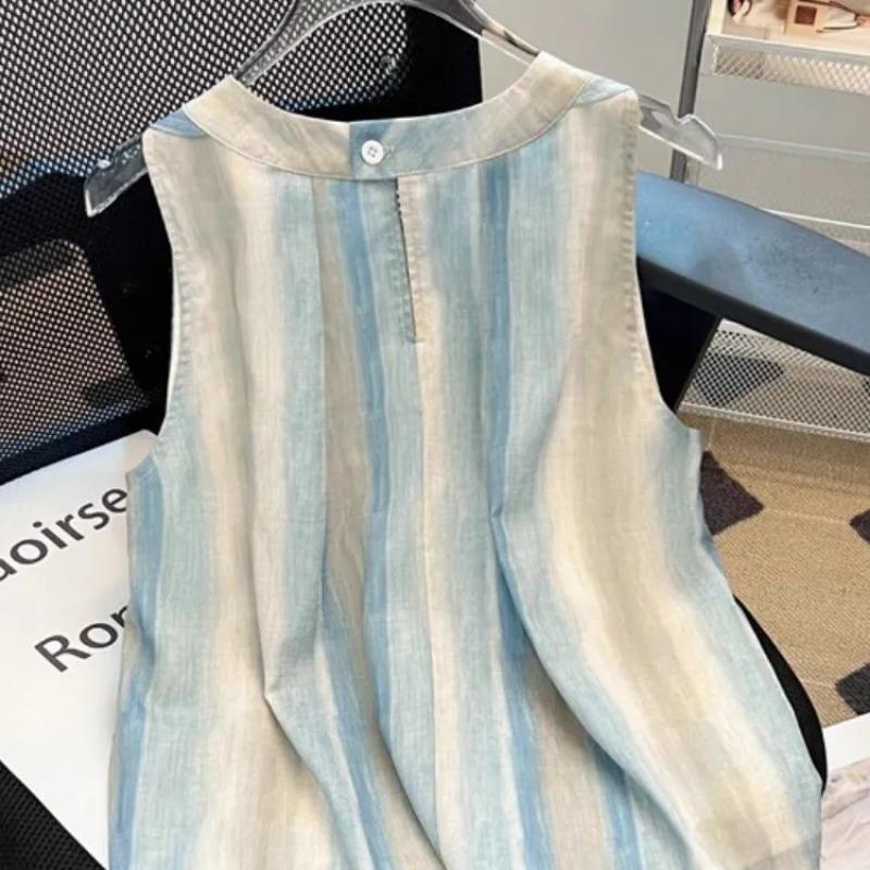 Women's Blue Beige Striped Linen Shirt Casual Loose Fit Short Sleeve Breathable Blouse