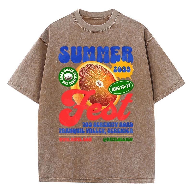 Cotton Women Washed T-Shirts Summer Fresh Orange Printed Tee Shirts Comfortable Crewneck Oversized Tops Female Clothes