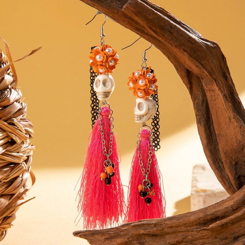 Europen And American Exaggerated Retro Long Tassel Skeleton Skull Earrings For Women Gothic Punk Halloween Jewelry Party Gifts