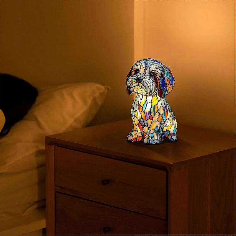 Luce Notturna per Cani con Adorabile Design a Vetro Colorato di Cucciolo, Calda Luce LED, Lampada da Tavolo per Camera da Letto Alimentata da USB per Amanti dei Cani
