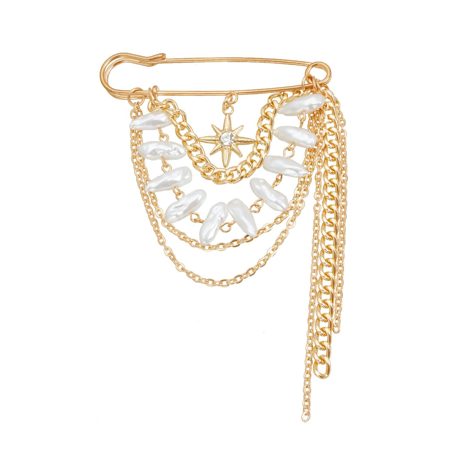 

Retro small fragrant style multi-layer brooch ins sense octagram fringed pin clothing золотой