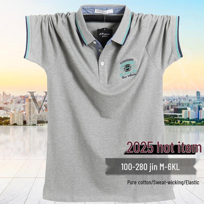 Męska koszulka polo z bawełny o luźnym kroju w dużym rozmiarze, styl hongkoński, z krótkim rękawem i kołnierzykiem typu turn-down