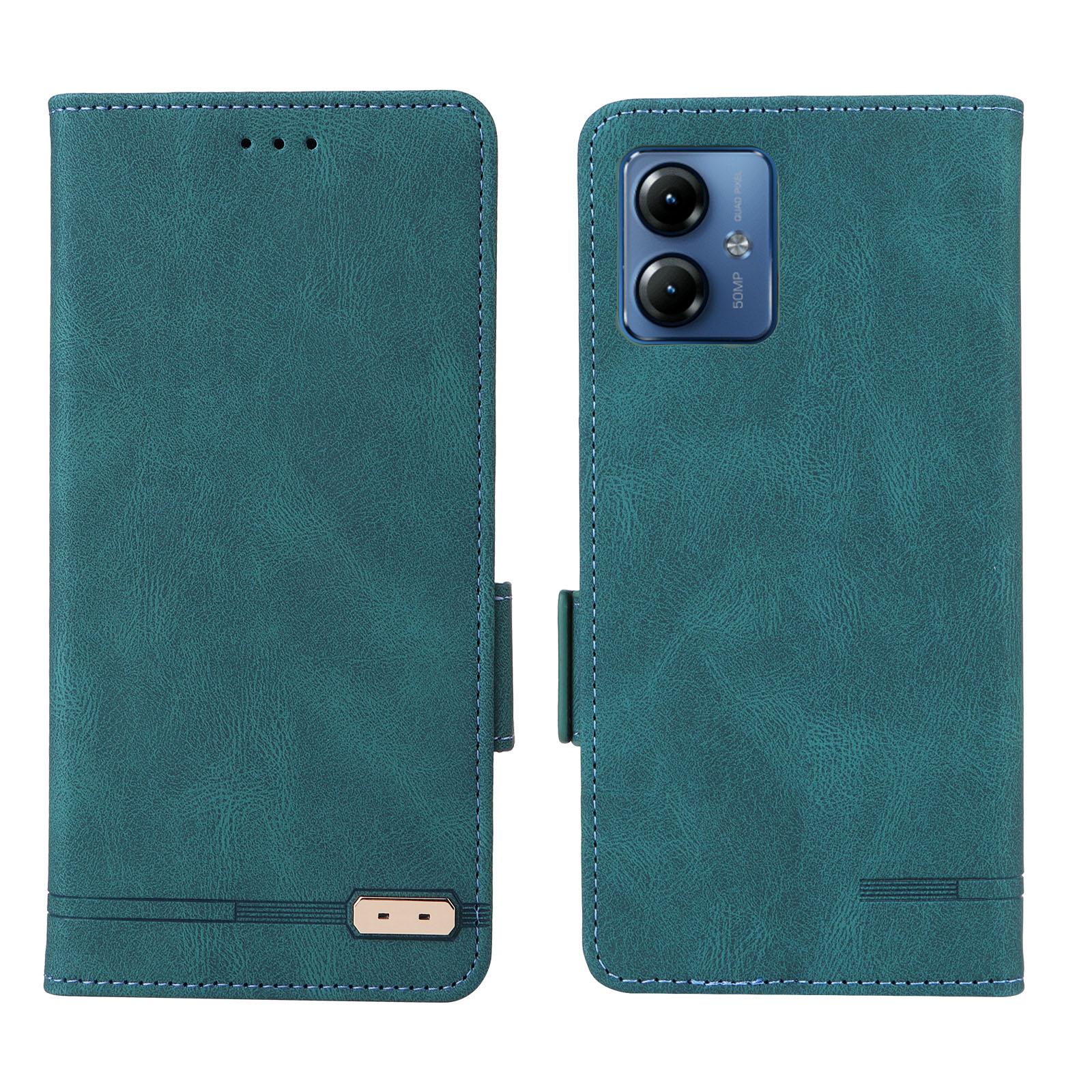 

For Motorola Moto G14 4G Stand Phone Case Anti-Scratch PU Leather Hardware Decor Wallet Protective Cover Blue