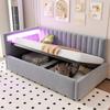 Upholstered Sofa Bed 90x200, with LED Lighting and Hydraulic Storage, Vertical Stripe Design, Headboards, Slatted Frame, Velvet Fabric, Light Grey