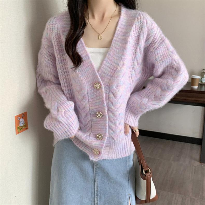 Spring and Autumn New V-Neck Gentle Wind Knitted Cardigan Twist Fashion Sweet Loose Sweater Women's Jacket Women's