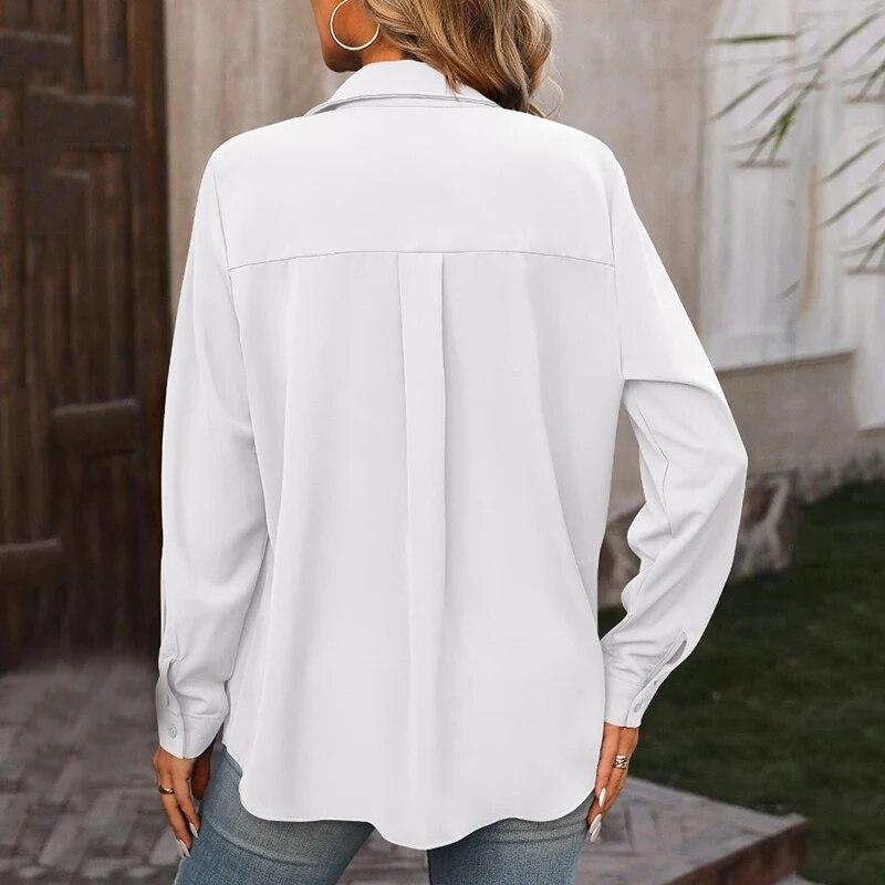 2024 Mote Solid Løs Dameskjorte Uformell Business Langermet Kontor Dame Topper Hvit bluse Elegante Button Up skjorter 30645