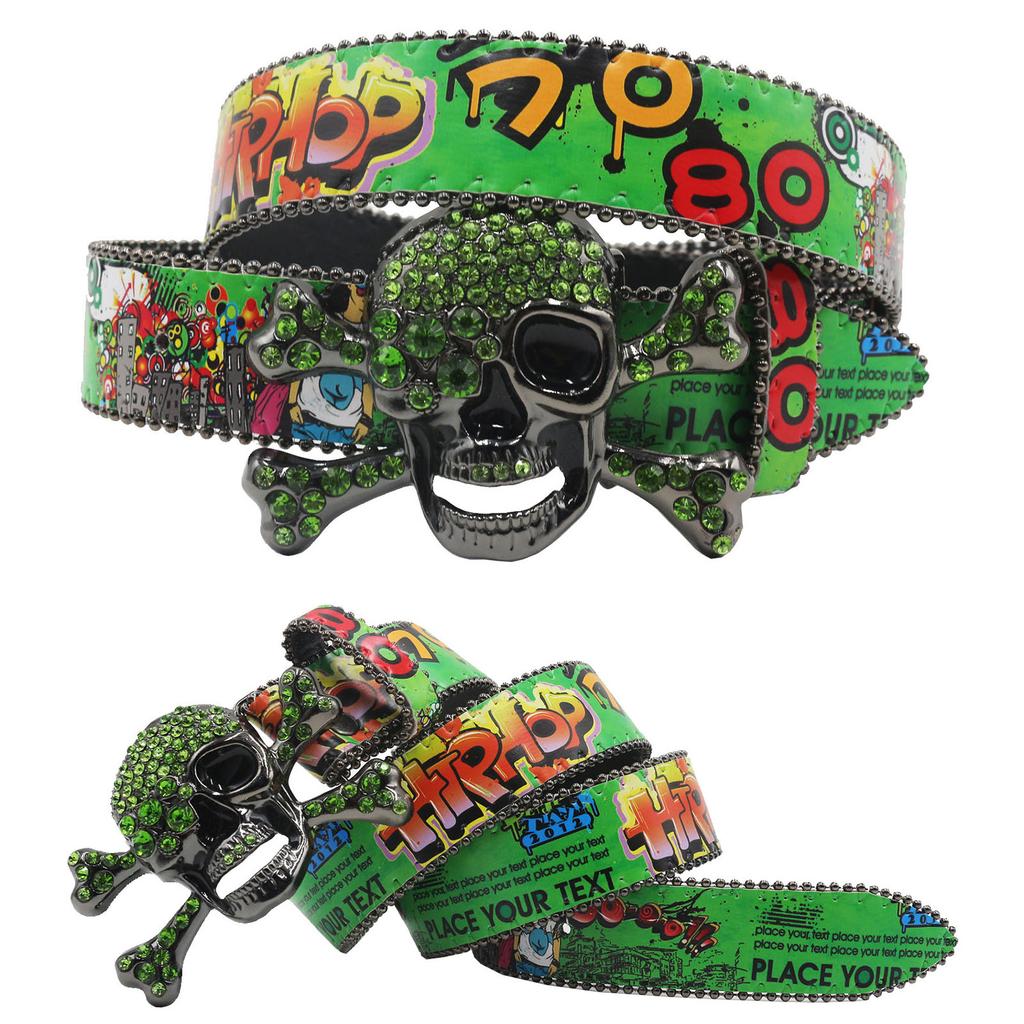 Big Skull Rhinestone belt women Men's PU leather belt Crystal set Western Cowgirl Diamond belt Colorful little tree graffiti